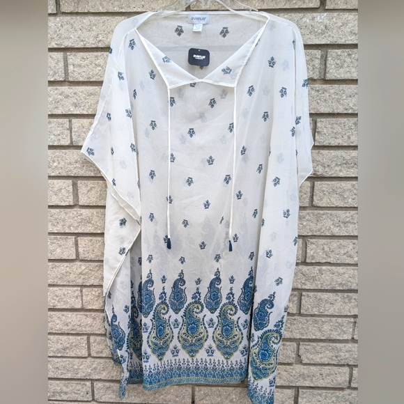 Plus Size Swimsuit White Sheer Poncho Coverup Cruise Beach OSFM Blue Paisley NEW - Picture 1 of 8